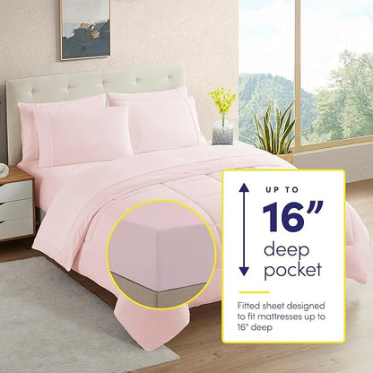 Sweet Home Collection 7 Piece Comforter Set Bag Solid Color All Season Soft Down Alternative Blanket & Luxurious Microfiber Bed Sheets, Pale Pink, Queen