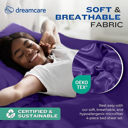DREAMCARE Queen Sheet Set – 4 pcs Cooling Sheets – up to 21” Extra Deep Pocket Queen Sheets – Hotel Luxury Sheets & Pillowcases – Superior Softness 100% Fine Microfiber with Side Pocket – Purple