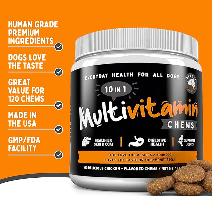 Multivitamin Dog Supplement – 10 in 1 with Omega Fish Oil & Glucosamine for Improved Joint & Skin Support, Gut, Digestion & Immune Everyday Health (120 Chewable Treats)-Mewly Pet