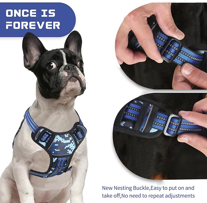 BUMBIN Dog Harness for Large Dogs, No Pull Adjustable No Choke Pet Vest with Dog Leash Fit Smart Reflective Pet Walking Harness for Training Easy Control Soft Handle Blue Camo L-Mewly Pet