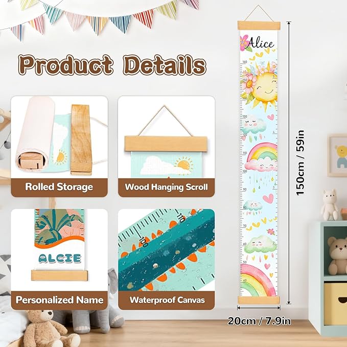 Personalized Rainbow Growth Chart for Wall Kids, Name Height Chart for Kids, for Nursery & Bedroom, Baby Shower Gift (60.6" x 8.3")