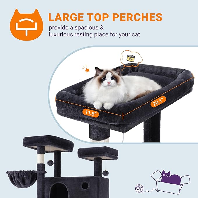 Allewie 81 Inches Tall Cat Tree/Multi-Level Large Climbing Tree House and Towers for Big Feline/Condo and Hammock/Scratching Post/Wide Base/Dark Grey-Mewly Pet