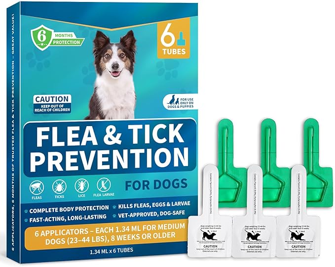 Flea and Tick Prevention for Dogs, 6-Month Supply Dog Flea and Tick Treatment Drops, Topical Fast-Acting Dog Treatment for Medium Dogs Up to 23 to 44 lbs-Mewly Pet