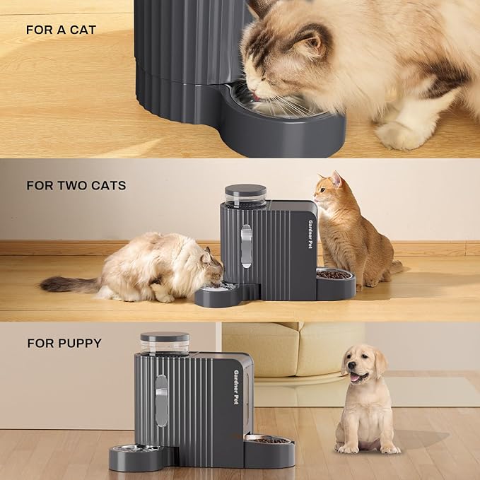 Gardner Pet Automatic Gravity Cat Food Feeder and Water Dispenser Stainless Steel Two-in-One Set Large Capacity Dispenser for Pets Dogs, Puppies, Kittens, Rabbits-Mewly Pet
