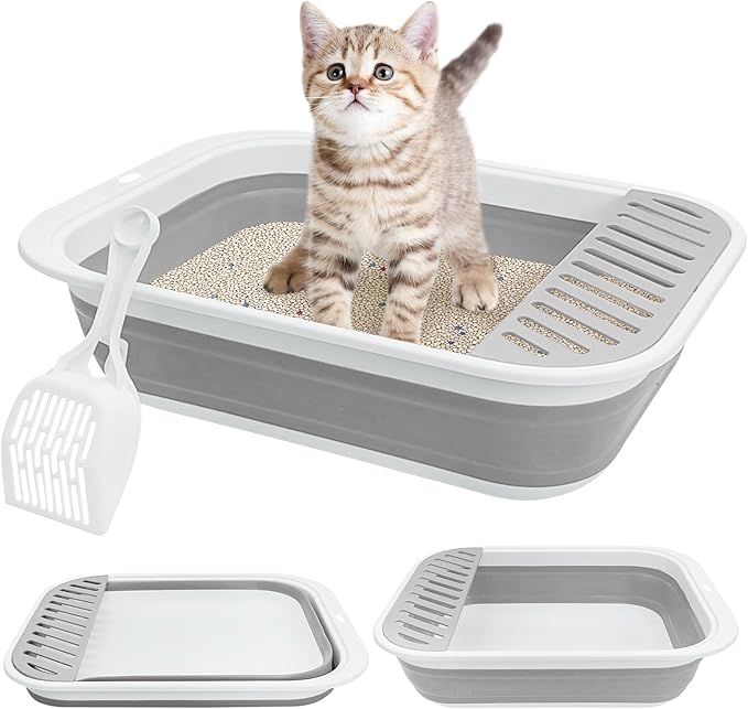 Fhiny Cat Litter Box Portable Shallow Litter Box 17.7"x13.4"x4.9" Foldable Cat Toilet with Scoop Open Kitty Potty Pan with Litter Drop Pedal Easy to Clean Travel Kitten Toilet(Gray)-Mewly Pet