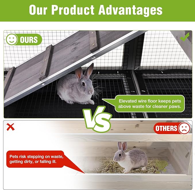 GUTINNEEN Indoor Rabbit Hutch Guinea Pig Cages with Chew-Proof Ramp, 2-Story Wooden Bunny House with Pull-Out Tray & Lockable Caster Wheels, Small Animal Cage for 2-4 Rabbits & Guinea Pigs (Grey)-Mewly Pet