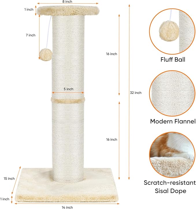 PAWSCRAT Cat Scratching Post 32" Tall, Large Diameter Natural Sisal Cat Scratch Post with Dangling Ball, Scratch-Resistant and Durable Tall Cat Scratcher for Indoor Cats, Protect Your Furniture, Beige-Mewly Pet