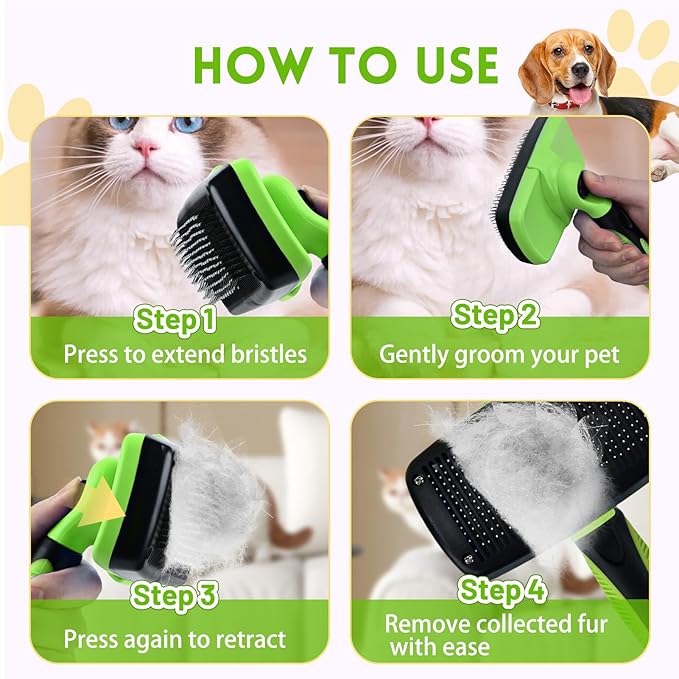 Large Self Cleaning Deshedding Brush for Dogs & Cats - One Button Hair Release Grooming Tool, Gentle Massage Brush for Long and Short Hair (Green)-Mewly Pet