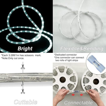 SURNIE LED Rope Lights Outdoor Waterproof: 150FT LED Rope Lighting Dimmable - 110V 6500K Daylight White String Light Tube Cuttable Connectable for Garden Patio Party Indoor Decoration, Not Flat Strip