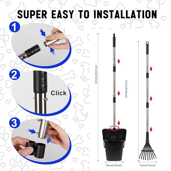 Dog Pooper Scooper with 20 Bag Attachment Long Handle Swivel Bin, Rake Heavy Duty Pooper Scooper for Large Medium Dogs Easy to Clean Poop Scooper for Yard, Grass, Gravel-Mewly Pet