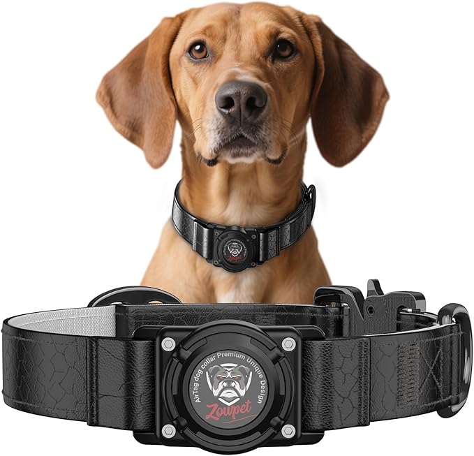 AirTag Dog Collar - Leather Dog Collar with Airtag Holder | IP68 Waterproof AirTag Holder with Metal Buckle, Comfortable GPS Dog Collars Tracker for Medium Large Dogs (Black, L)-Mewly Pet