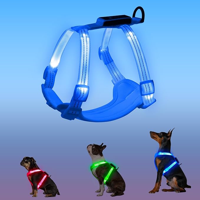Rechargeable Light Up Dog Harness for Small Dogs – Adjustable LED Dog Vest with Reflective Strips, No Pull Glow in The Dark Puppy Harness for Night Walking Safety-Blue-Mewly Pet