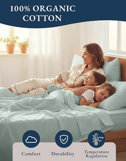 LANE LINEN 100% Organic Cotton California King Sheets Set, Soft & Comf Low Pill Fade Resistant Mercerized Cotton Fully Elasticized Cal King Sheets, Fits Mattress Upto 15" Deep -Cool Blue