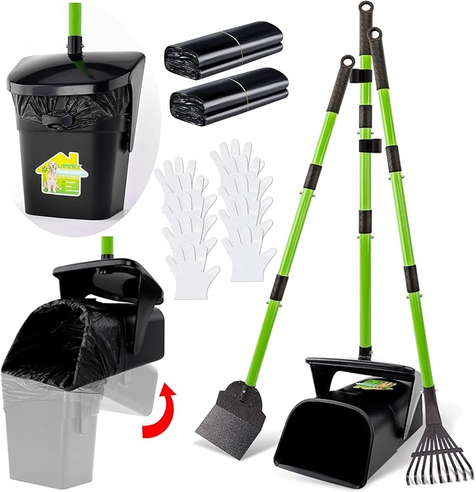 LANNEY Pooper Scooper - 38" Long Adjustable Metal Handle Dog Pooper Scooper Swivel Bin & Rake & Spade with 50 Bags Attachment, Portable Heavy Duty Dog Poop Scooper for Yard Dogs Large Medium Small-Mewly Pet