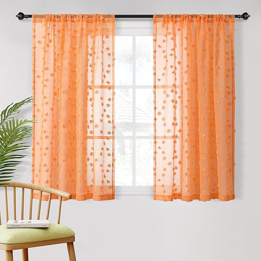 MYSKY HOME Orange Sheer Short Curtains with Pom Pom for Small Windows Bedroom Nursery Kids Girls Room Curtains Cafe Kitchen Light Filtering Boho Drapes, Rod Pocket,52 x 54 Inches, 2 Panels