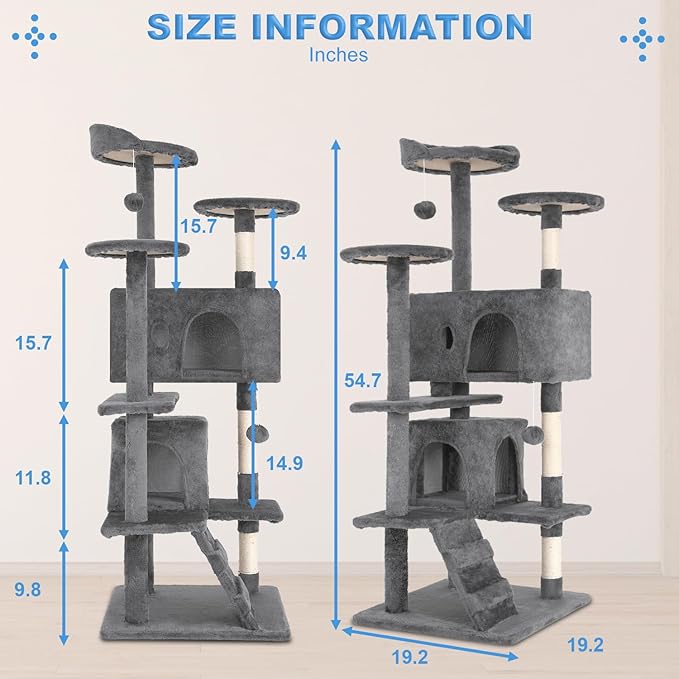 FDW Cat Tree 54in Cat Tower Multi-Level Durable Cat Scratching Post & Cozy Fun Cat Jumping Platform Space Saving Cat Condo Pet Play House for Indoor Cats,Light Gray-Mewly Pet