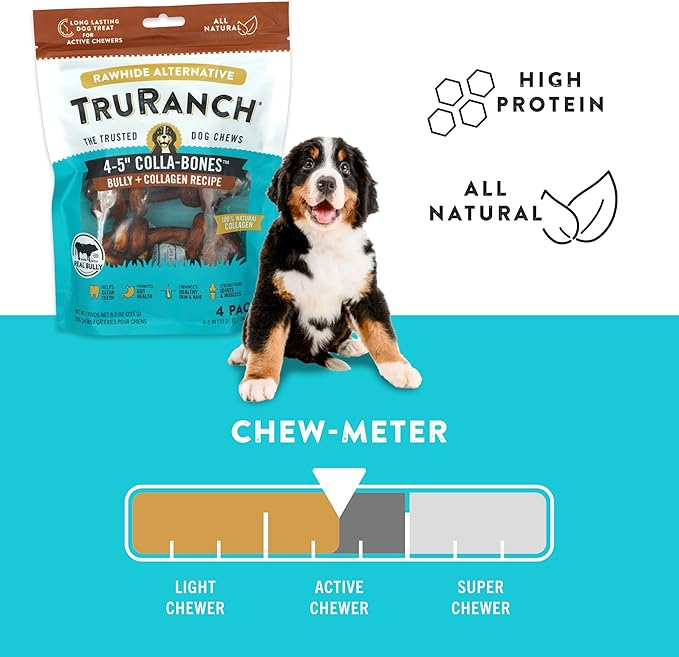 4-5" Collagen Bones, Bully - Collagen Dog Bones - Long Lasting Healthy Joint Support Dog Treat - Rawhide Alternative - Skin & Coat Health, 1 Bag, 4 Count-Mewly Pet