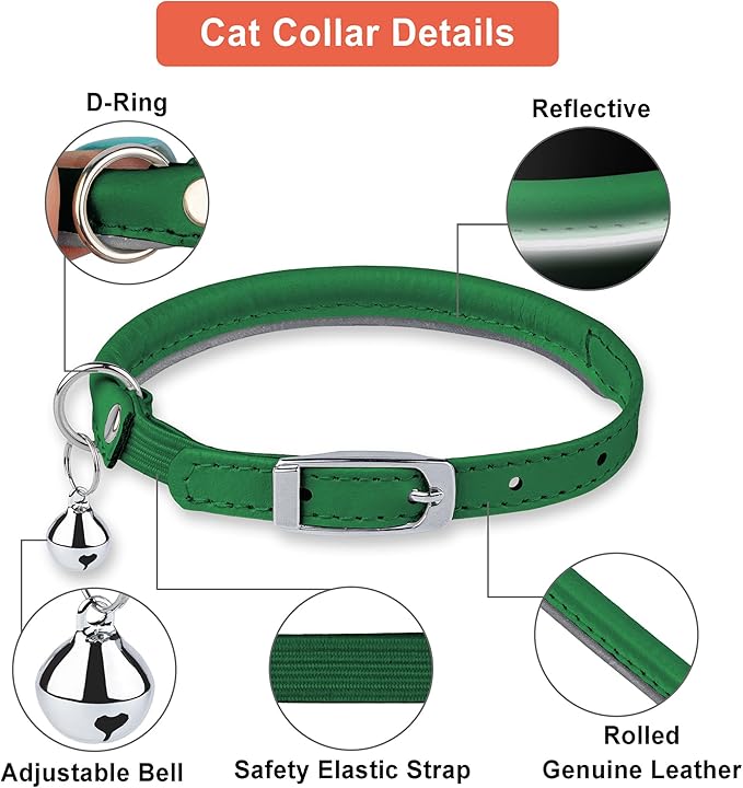 OOPSDOGGY Rolled Leather Cat Collar with Bell, Reflective Kitten Collars with Buckle Include Safety Elastic Strap - Adjustable Small Pet Collars for Boy Girl Cats (Green)-Mewly Pet