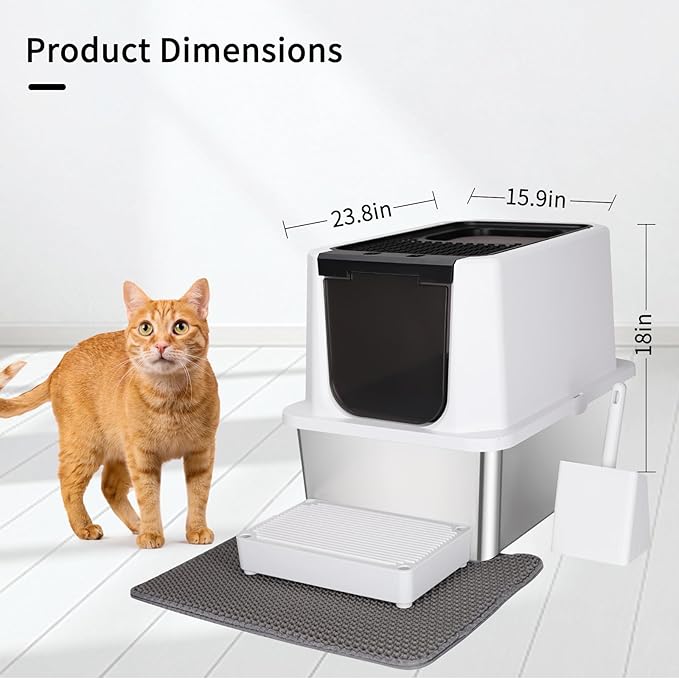RIZZARI Stainless Steel Cat Litter Box, Odorless Enclosed Litter Box with Top Holes, Large Litter Pan for Small to Large Sized Cats (Black, 24" L*16" W*18" H)-Mewly Pet