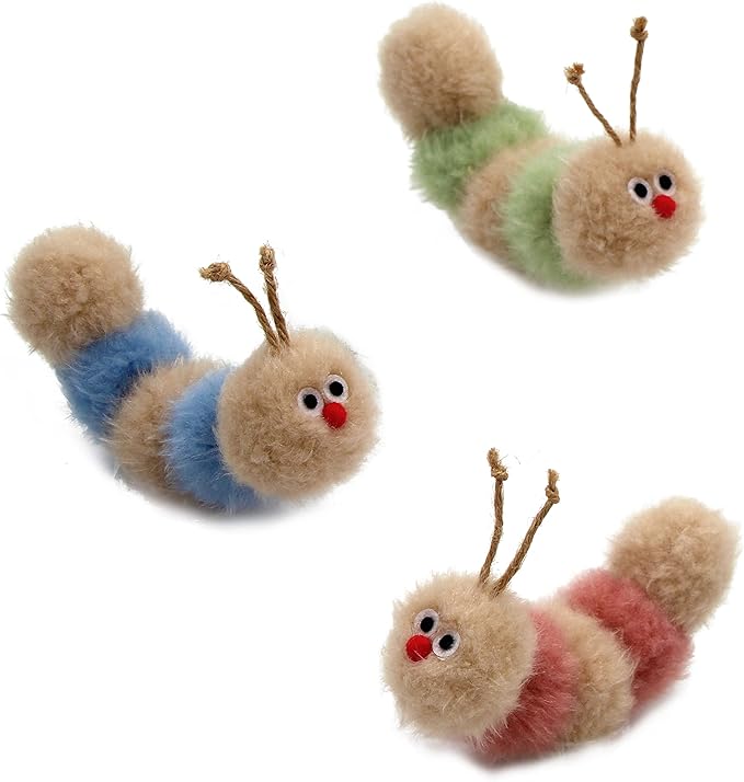 Interactive Natural 3 PK Catnip Toy, with Rattle, Bite Resistant, for All Ages Indoor Cat, Soft Caterpillar Toys, Fluffy Kitten Toy-Mewly Pet
