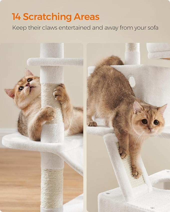 Feandrea Cat Tree, 66.1-Inch Large Cat Tower with 13 Scratching Posts, 2 Perches, 2 Caves, Basket, Hammock, Pompoms, Multi-Level Plush Cat Condo for Indoor Cats, Cream White UPCT165T01-Mewly Pet