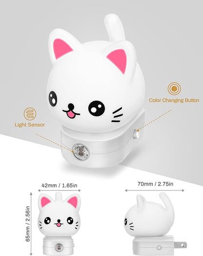 DORESshop Cat Night Lights Plug Into Wall [2 Pack], Cute Night Light for Kids, 8-Color RGB LED Night Light, Nightlight with Dusk to Dawn Sensor for Kids Room, Bathroom, Bedroom Décor, Children Gift