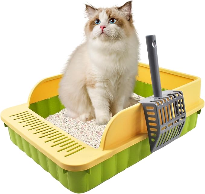 Open Top Cat Litter Box with High Side Anti-Splashing Cat Toilet with Litter Sifting Scoop Semi-Enclosed Kitten Litter Tray Pan Removable Prevent Sand Leakage Deodorizing Easy to Clean(Green)-Mewly Pet