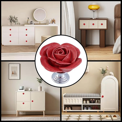 8PCS 1.57" × 1.38" Ceramics Begonia Red Rose with Base Knobs Flower Shaped Pulls for Cupboard Drawer, with 2 Kinds of Screws