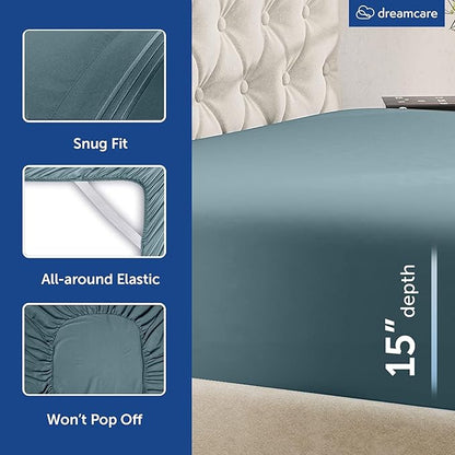 DREAMCARE Queen Sheet Set – 6 pcs Cooling Bed Sheets – up to 15” Deep Sheets Queen Size Bed Set – 2500 Supreme Collection – Extra Soft 100% Brushed Microfiber Hotel Luxury with Side Pocket – M Blue