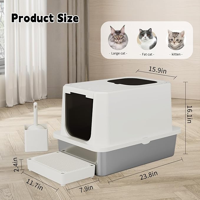 RIZZARI Stainless Steel Cat Litter Box, Enclosed Top-Entry Design, Large Capacity High-Sided Leak Proof Litter Pan for Cats, Easy Clean Pet Toilet (Beige, with Cat Litter)-Mewly Pet