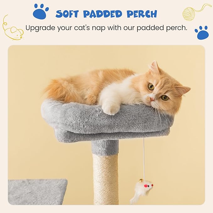 MWPO 63.8 inches Multi-Level Cat Tree for Large Cats with Sisal-Covered Scratching Posts, Padded Platform, Hammock and Condo,Stable Cat Tower Cat Condo Pet Play House-Light Gray-Mewly Pet