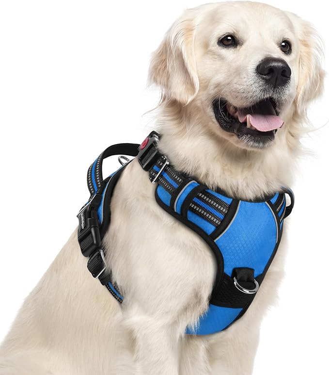 rabbitgoo Dog Harness for Large Dogs, No Pull Pet Vest with 3 Buckles, Adjustable Soft Padded Pet Harness with Easy Control Handle and Reflective Strips, Blue, XL-Mewly Pet