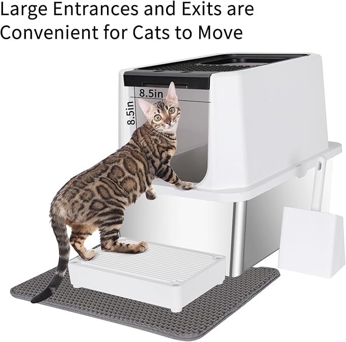 RIZZARI Stainless Steel Cat Litter Box, Odorless Enclosed Litter Box with Top Holes, Large Litter Pan for Small to Large Sized Cats (Black, 24" L*16" W*18" H)-Mewly Pet