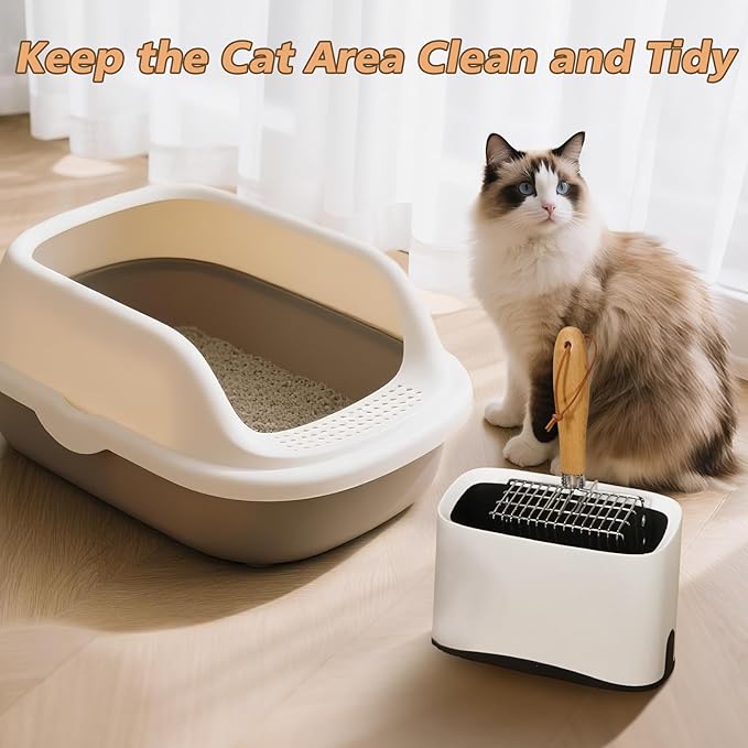 Metal Cat Litter Scoop with Holder, Poop Scooper with Stand&2 Rolls of Garbage Bag, Heavy Duty Stainless Steel Shovel with Wooden, Kitty Quick Sifter for Easy Cleaning, Essential Item for Cat-Mewly Pet