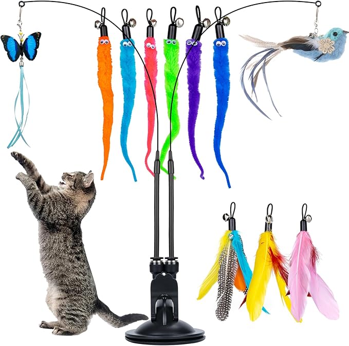 Cat Feather Toys, 14PCS With 2 Slots Super Suction Cup, Detachable 2PCS Wand & 11PCS Replacement Teaser Refills With Bell, Interactive Toy for Indoor Cats Kitten Play Exercise-Mewly Pet