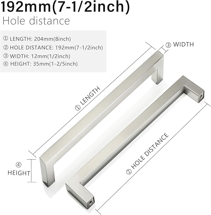 Cabinet Pulls Brushed Nickel Cabinet Handles Square Drawer Pulls, 20 Pack 7-1/2 Inch Stainless Steel Kitchen Door Cupboard Cabinet Handles, Cabinet Hardware Drawer Handles, 192mm Hole Centers