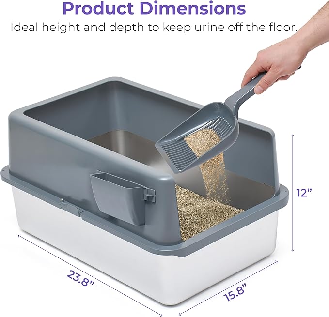 iPrimio Premium Stainless Cat Litter Box for Easy Cleanup - Durable and High Sides Stainless Steel Litter Box with Step Scoop - Mat Elevated for Cats - Scratch and Bite Proof - Dark Grey-Mewly Pet