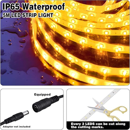 iNextStation 12V LED Light Strip IP65 Waterproof Yellow LED Strip Lights 16.4ft/5m Cuttable 300 SMD 2835 LED Tape Flexible Led Lights for Bedroom Outdoor Indoor Decor (Power Adapter not Included)