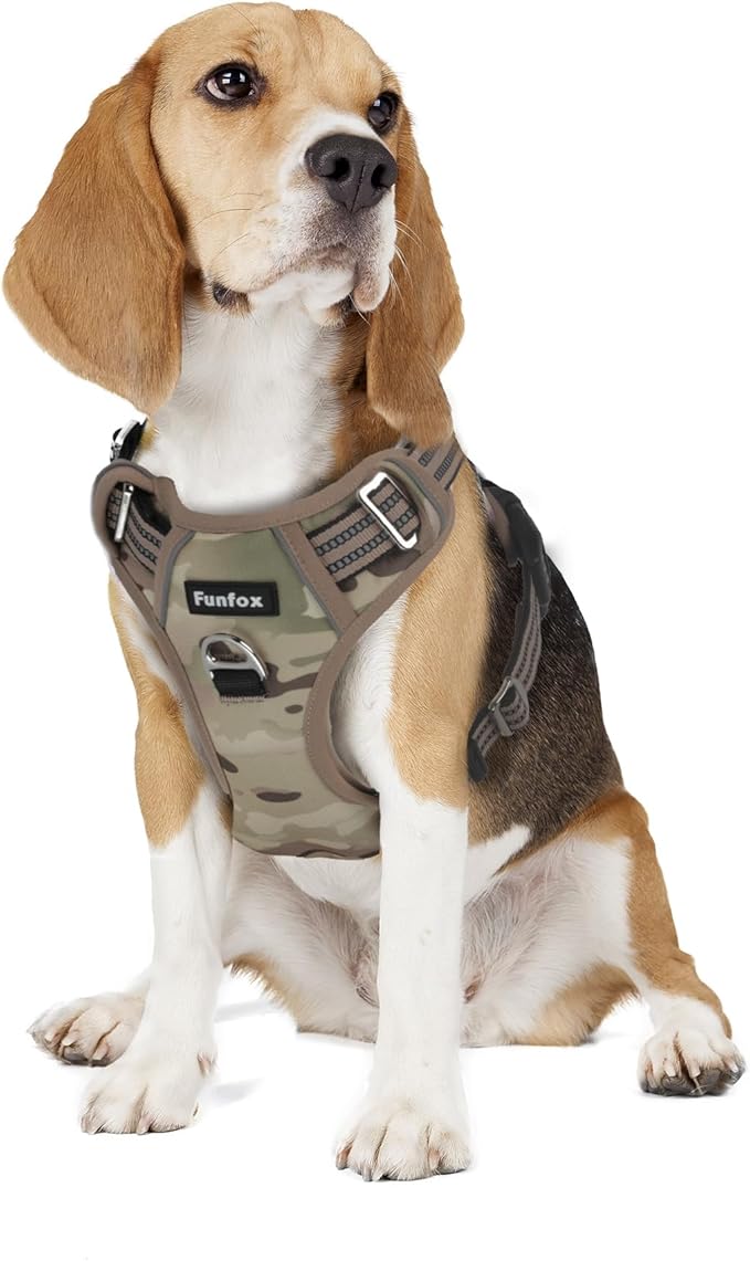 Funfox Dog Harness No Pull, Adjustable Pet Vest Harness, Super Soft Material with Vertical Handle Easy Control, Reflective Night Walking, 2 Leash Clips for Medium Sized Dogs, Camo Brown, M-Mewly Pet