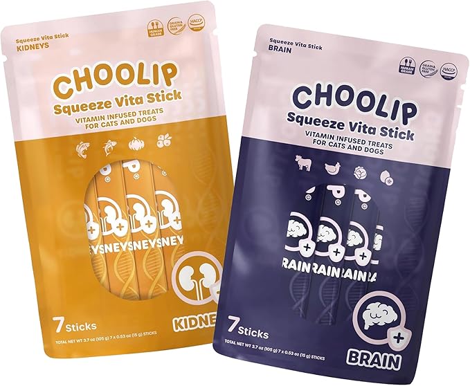 Bundle | Kidney + Brain Pouches. 14 Squeeze Vita Sticks (7 Kidney + 7 Brain) with Essential multivitamins. [Both Products are for Cats & Dogs of All Life Stages]-Mewly Pet