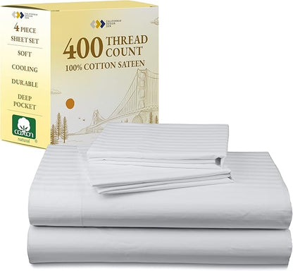 California Design Den Striped Queen Sheet Set - Soft 400 Thread Count Sateen, Natural 100% Cotton Sheets with Deep Pockets, Cooling and Durable Bedding Set - Striped White