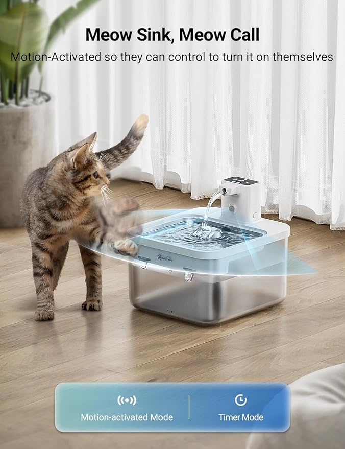 DownyPaws Battery Operated Cat Water Fountain Stainless Steel, 84oz/2.5L Fursink Wireless Pet Water Fountain for Cats Inside, Automatic Dog Water Dispenser with Faucet, Quiet Pump, BPA-Free, White-Mewly Pet