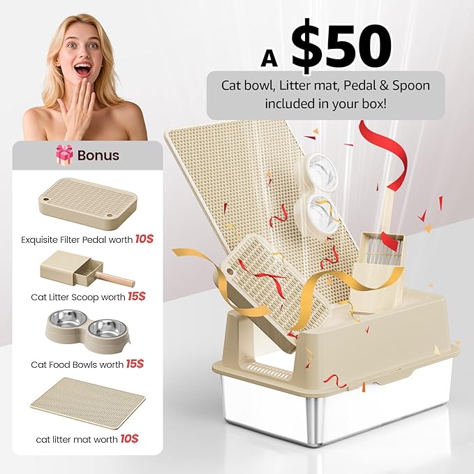 Stainless Steel Cat Litter Box - Enclosed XL Metal Kitty Litter Box with Lid for Big Cats, High Sided, Anti-Leakage, Easy Cleaning, Non-Sticky, Included Spoon & Aisle (Khaki)-Mewly Pet