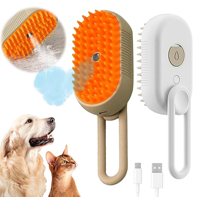 (2PCS) 4 in 1 Cat Steam Brush for Shedding, 2025 New Rechargeable Steam Pet Brush, Massaging and Cleaning Shedding Pets Hair (khaki+white)-Mewly Pet