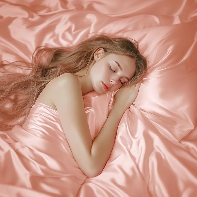 Love's cabin California King Satin Sheet Sets - 4 Piece Coral Silky Sheets Bed Set with Deep Pocket, Luxury Silk Feel Satin Cal King Sheet Set (1 Flat Sheet,1 Fitted Sheet,2 Pillow Cases)
