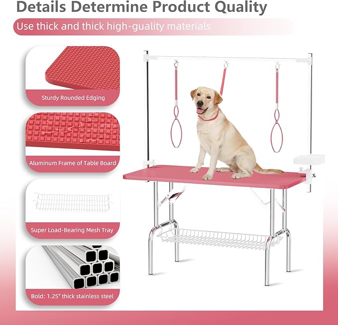 VFK 47'' Large Dog Grooming Table Stainless Steel Foldable Grooming Table for Dogs at Home Adjustable Height Arms Pet Station with Nooses, Mesh Tray, Tool Organizer-Mewly Pet