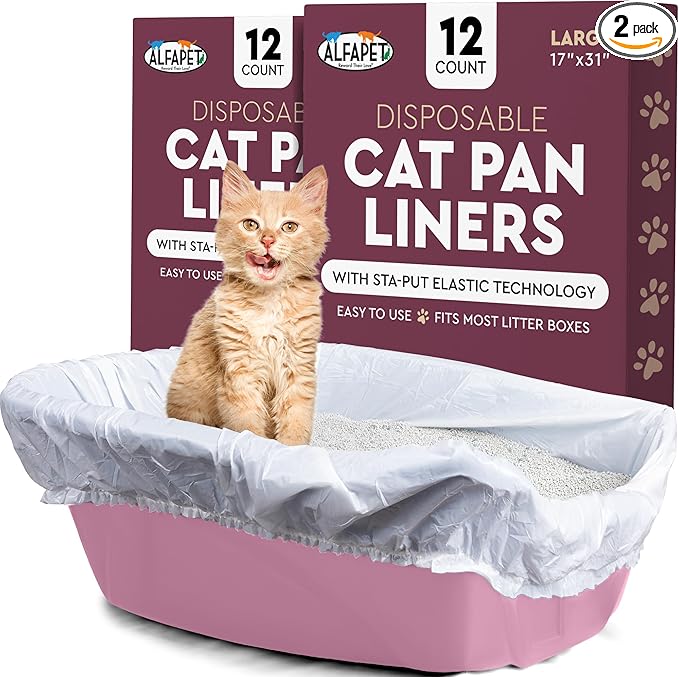 Alfapet Cat Litter box liner Disposable, Elastic Liners- 24-count-For Medium and Large, Size Litter Pans- With Sta-Put Technology for Firm, Easy Fit- Quick + Clever Waste Cleaners-Mewly Pet