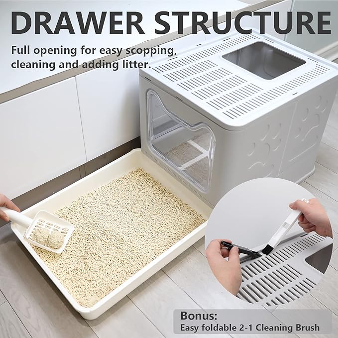 Foldable Cat Litter Box with Lid, Enclosed Potty, Large Top Entry Anti-Splashing Toilet, Easy to Clean Including Litter Scoop and 2-in-1 Cleaning Brush (Grey)-Mewly Pet