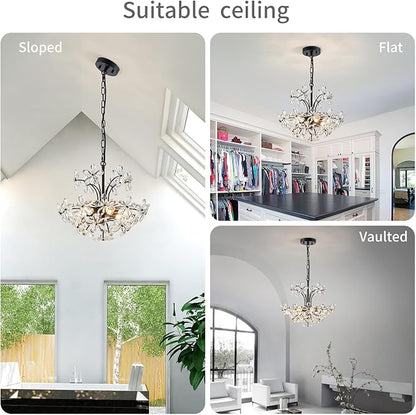 WUZUPS Crystal Chandelier Pendant Flushmount Ceiling Light Modern Lighting Fixture for Bedroom Hallway Bar Kitchen Bathroom, H 15.7" x W 17.7", Black, E12 Base