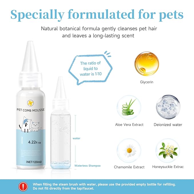 Pet Steam Brush for Dog & Cat - 3-in-1 Steam Grooming Brush for Shedding & Hair Removal - Self Cleaning Spray Comb with Mist for Long Haired Pets - Includes 2*Waterless Shampoo, Yellow-Mewly Pet